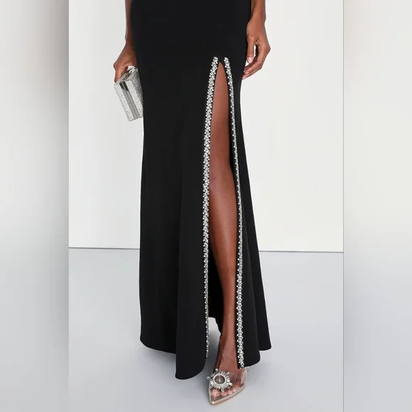 Absolutely Sensational Black Rhinestone One-Shoulder Maxi Dress - Picture 2 of 4